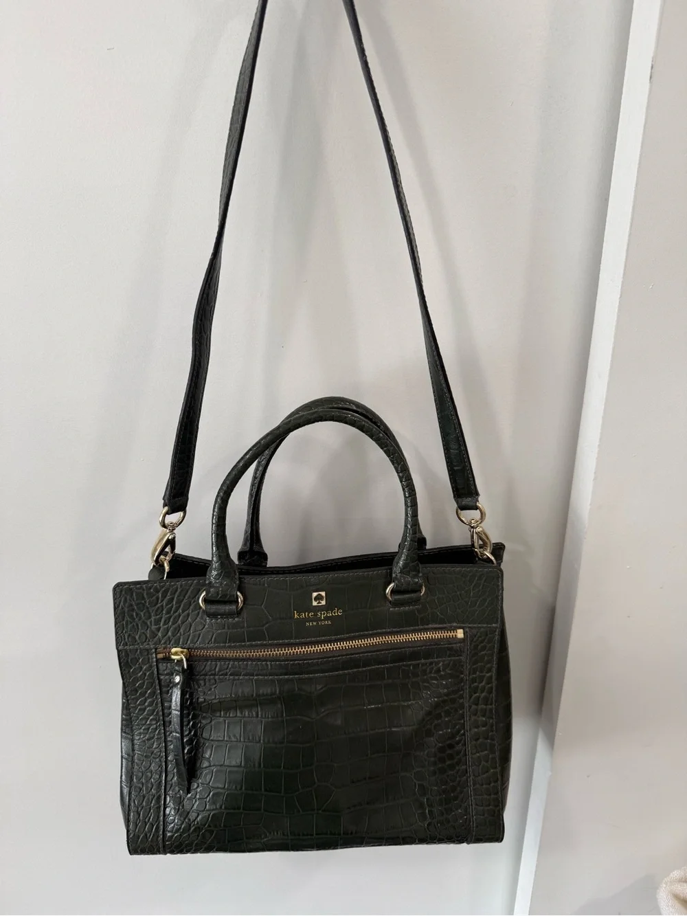 kate spade deep green croc-embossed leather satchel with gold hardware